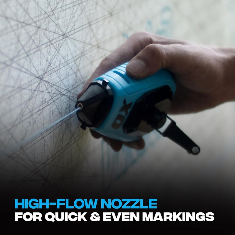 Ox Pro 100ft Contractor Chalk Line with Blue Chalk Powder 4oz - Quick-Wind Cotton Nylon Basic Bold Line Marking Tool in Pointed Tip ABS Plastic - 3:1 Gear Ratio Chalk Reel Tool -T630601 - Image 4